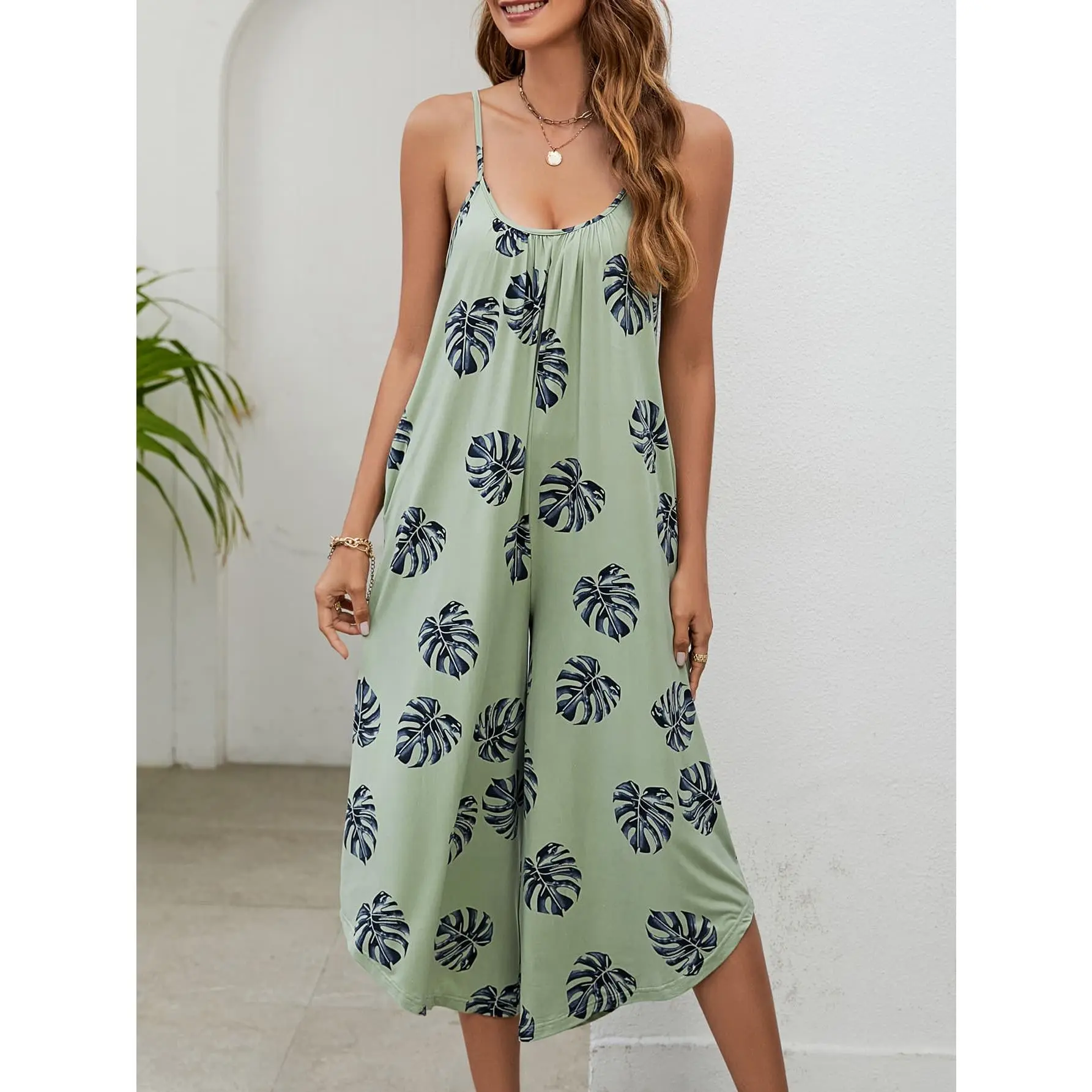 Botanical Print Spaghetti Strap Scoop Neck Jumpsuit