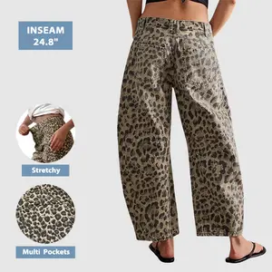 Flamingals Leopard Print Seam Detail Mid Rise Barrel Leg Pants Women's Trousers