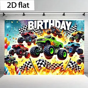 2D Flat 1PC Polyester Banner, Monster Truck Birthday Theme Design, Featuring Black-and-White Checkered Flag, Flame & Balloon Elements, Vibrant Cartoon Style, Indoor and Outdoor Use, Ideal for Boys Birthday Party, Racing Themed Events,