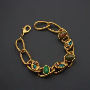 Vintage Gemstone Bracelet - Chunky Gold-Tone with Mixed Natural Stones, Artistic Statement Jewelry for Parties & Bold Fashion Looks