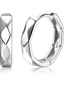 925 Silver Hoop Earrings for Men women Small Lightweight Sleep Huggie Hoop Earring High Polished Rhombus-shaped Cutting Texture Silver Black Mens Hoop Earrings Inner Diameter 10MM