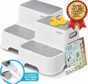 UNCLE WU 2 Pack Step Stool for Kids & Adults –Non-Slip Stools for Bathroom, Kitchen, Bedroom,Toilet Potty Training – Gray White