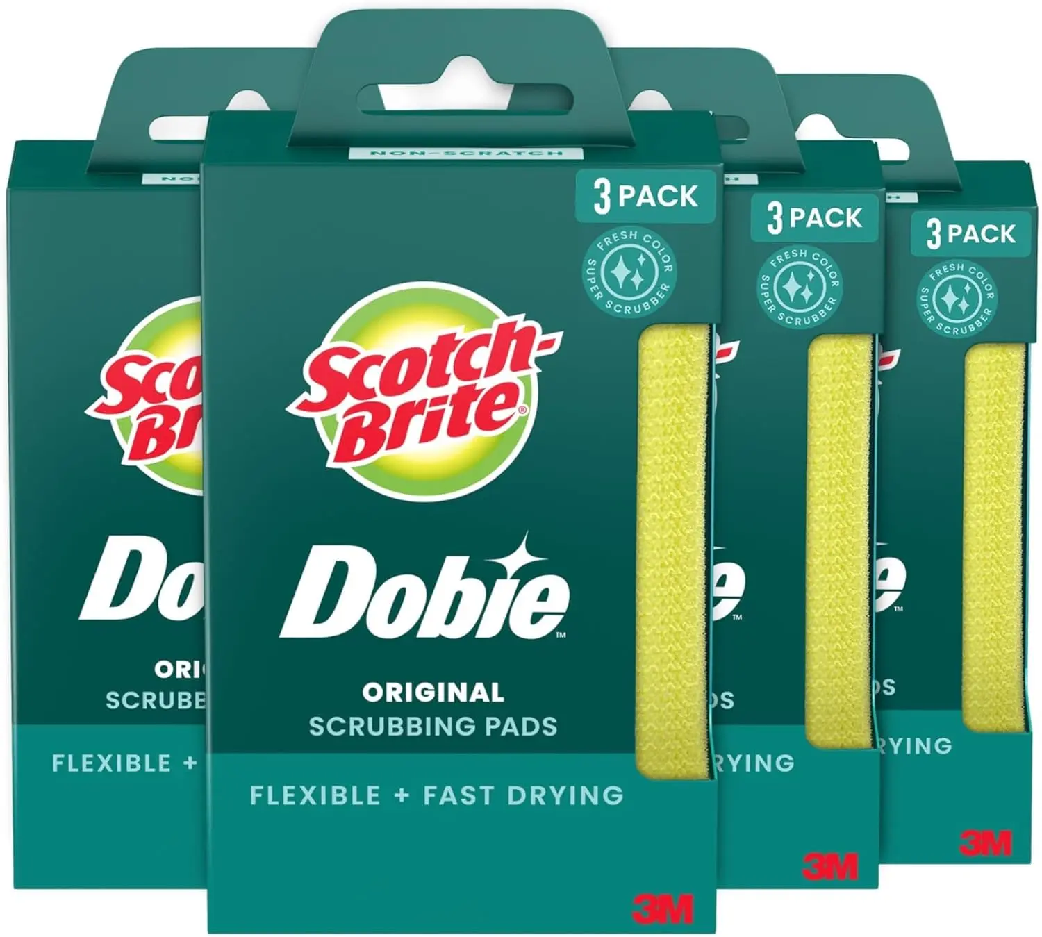 Scotch-Brite Dobie Non-Scratch All-Purpose Scrub Pads, 12 Total Pads (6 Packs of 2), Reusable Scouring Sponges for Kitchen & Bathroom, Safe on Non-Stick Cookware, Yellow