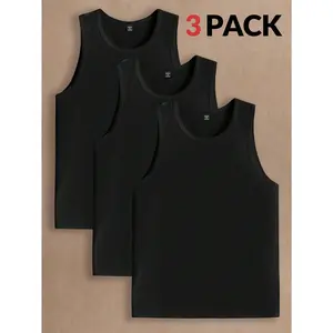 Single-Piece and Three-Piece Men's Solid-Color Vests Lightweight Slim-Fit Sleeveless Casual Tank Top For Men, Thin Fabric, Soft Washed Cotton Round Neck Top, Suitable For Casual - Machine Washed Daily Summer Essentials