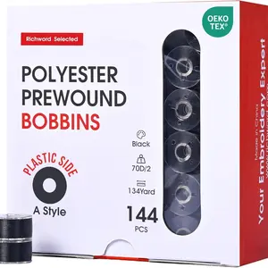 Richword Selected Prewound Bobbins 144pcs (Class 15) Size A Plastic Sided, 70D/2(60WT) Polyester Bobbin Thread for Single Needle Embroidery and Sewing Machine,Black 125 Yards