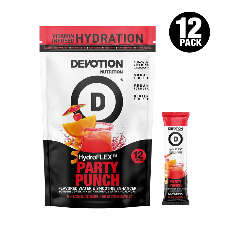 Devotion Nutrition HydroFLEX Vitamin Infused Hydration | 12-PK Party Punch, Water Flavors, Powdered Drink Mix, Dye Free
