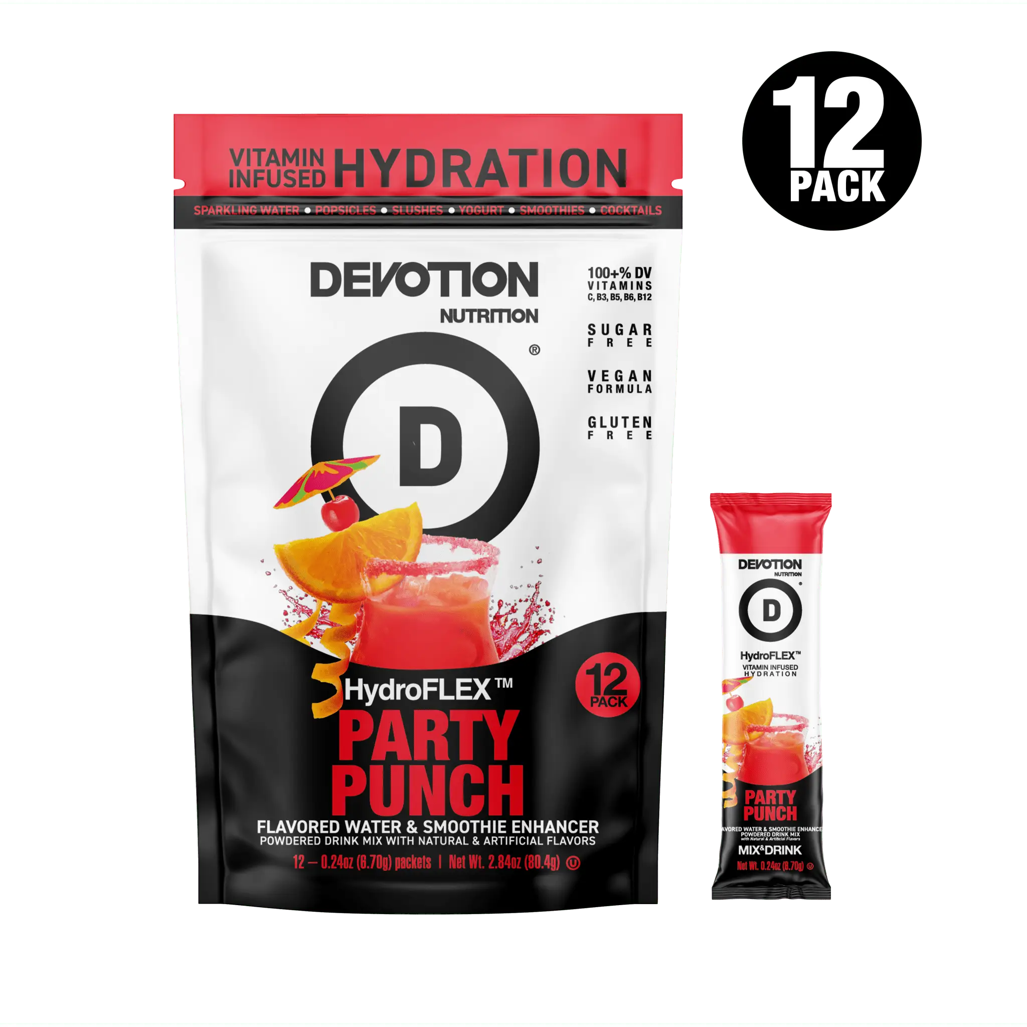 Devotion Nutrition HydroFLEX Vitamin Infused Hydration | 12-PK Party Punch, Water Flavors, Powdered Drink Mix, Dye Free