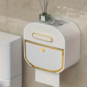 1PC Wall Mounted Paper Towel Holder with Storage Box No Drill Installation Bathroom Accessories Organizer Space Saving Plastic Modern Round Design for Christmas Halloween Gift Decor