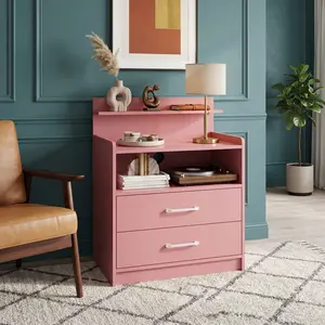 Modern LED Nightstand with Charging Station, Bedside Table with 2 Drawers, Open Storage Shelves & LED Lights, End Table with USB Ports and Outlets for Home Bedroom