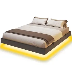 Floating Linen Upholstered Platform Bed Frame Dark Grey