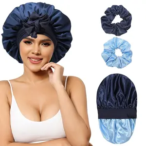 Double Layer Satin Bonnets for Women Reversible Sleep Cap with 2PCS Hair Scrunchies Elastic Tie Band Hair Bonnet Hair Wrap