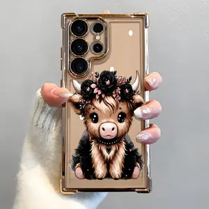 Cute Floral Highland Calf Pattern Phone Case,Electroplated Cover with Airbag Shockproof Slim Soft TPU Cover for Samsung S26 S25 S24 S23 S22 Ultra S25Edge S24FE Plus S25+ Western Cow