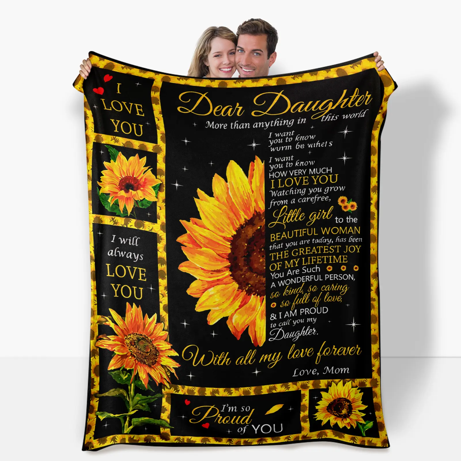 Mom to Daughter Modern Digital Print Tufted Weave Fleece Blanket Throw - Anti-Pilling, Multi-Size (50"x60" Option), Sunflower I Love You Gift for Women for Birthday, Christmas, Bedroom Foot-Of-Bed Blanket
