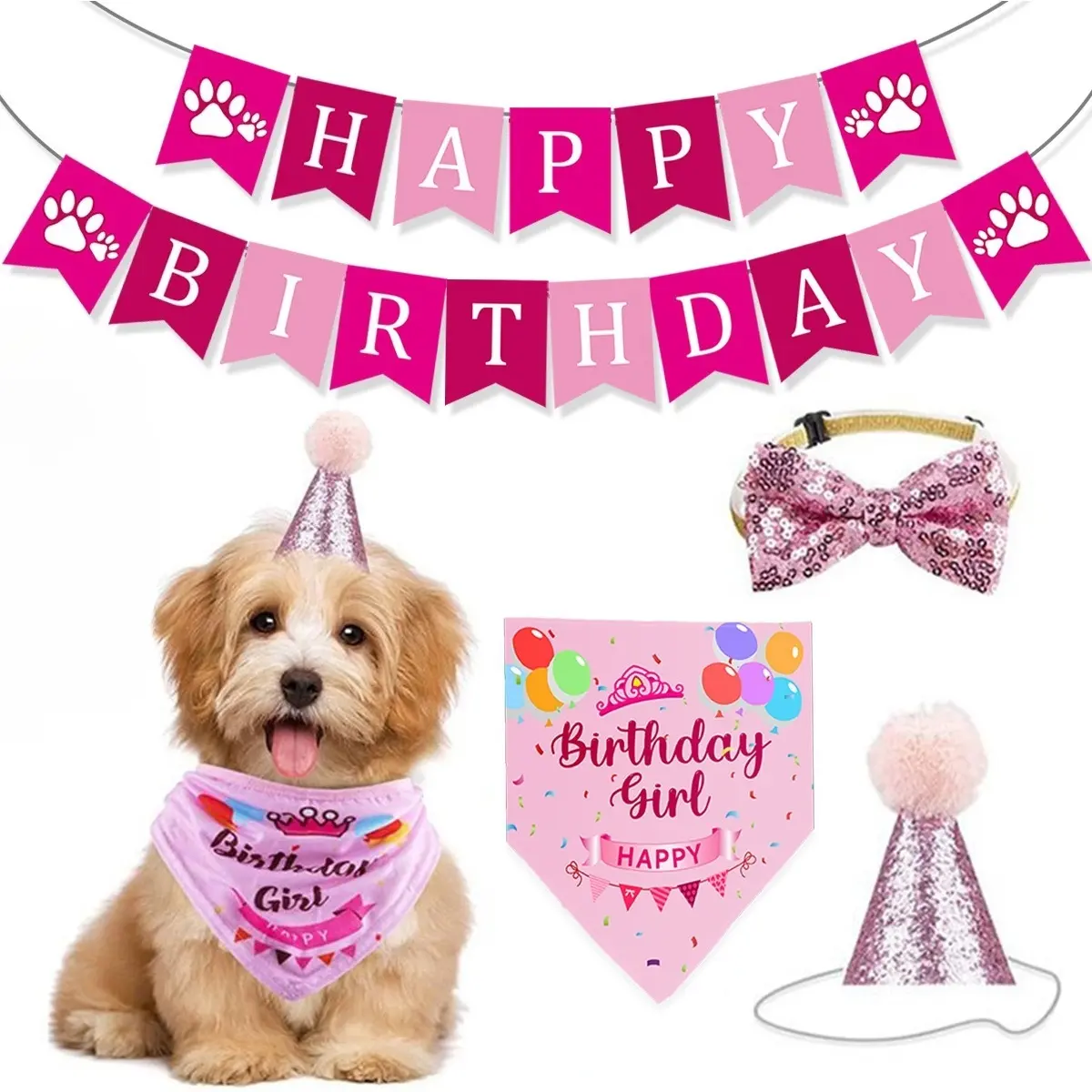 Pet birthday party hat, Puppy dog wet towel, bow tie, birthday flag, pet scarf, triangle scarf set, Costume