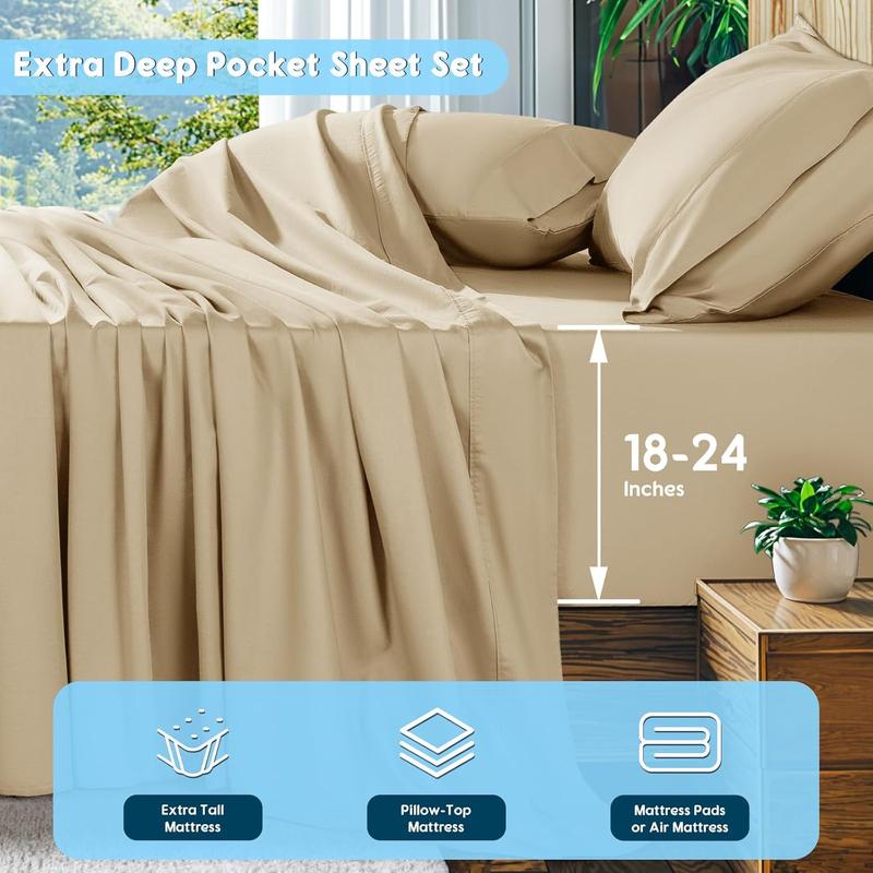 100% Sheets Set, Extra Deep Pocket to 18"-24",1000 High Thread Count, Soft & Breathable 5-Hotel Sateen Bed Sheets - 4 PC (Beige,Queen)