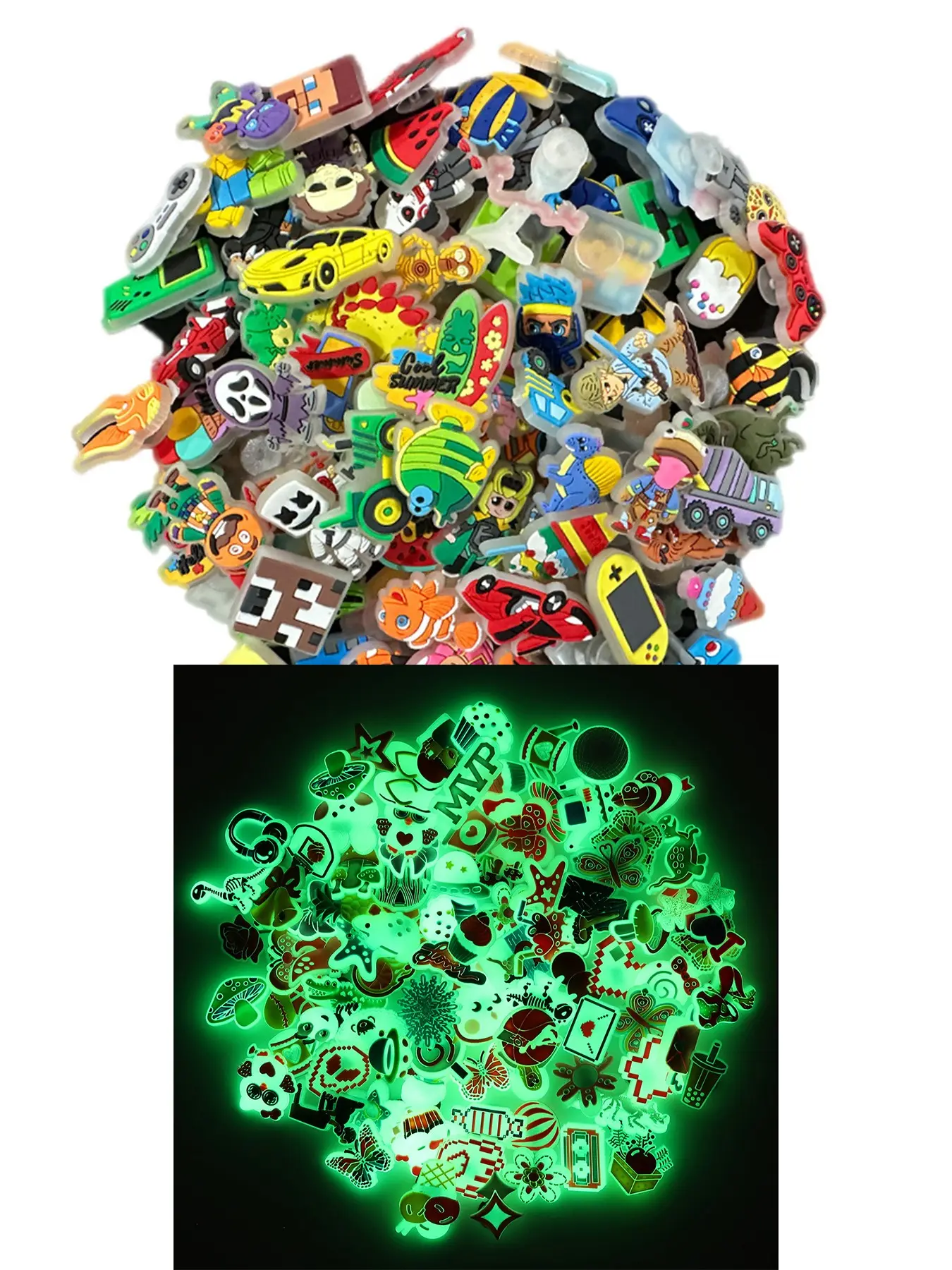 Random Glow in the Dark Clogs Charms, 50pcs Shoe Charm Set Fashionable Novelty Shoes Decorations for Clogs Design, Dazzling Glamour Trendy Holiday Shoe Accessories for Women & Girls
