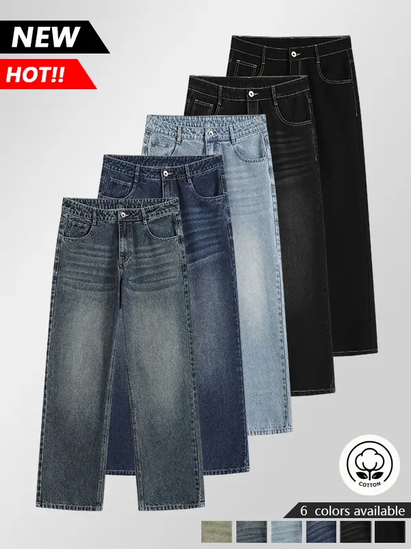 Men’s cotton-blend denim jeans—comfortable against the skin, washed denim with a vintage distressed design; baggy men’s jeans for casual wear, shopping, home, and everyday outfits; versatile for multiple outfit combinations.