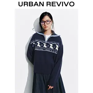 URBAN REVIVO Women's Elegant Mock Neck Intarsia Print Half-Zip Knitting Top, Long-Sleeve Lady Clothes, Style UYY950141