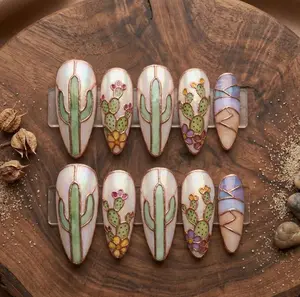 Cactus Stained Glass Press On Nails, Desert Botanical Art, Long Almond Acrylic Set