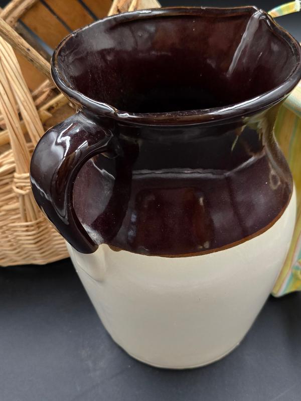 Rustic Farmhouse Pottery Jug Stoneware Pitcher with Classic Design for Home Decor Unique Brown and White Ceramic Vase Drinkware Vintage Style 11 x 8 Inches