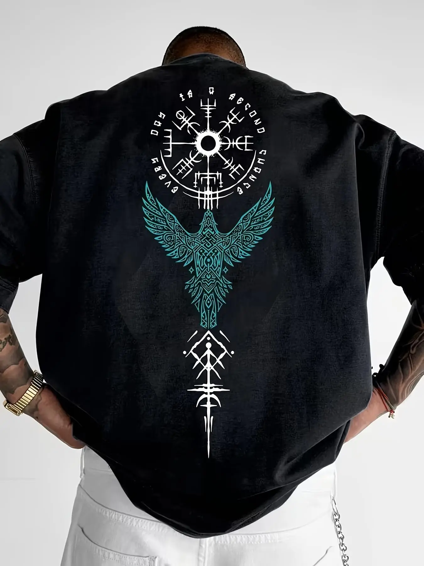 Unisex Pure Cotton Vintage Oversized Crew Neck T-Shirt, Nordic Viking Compass Vegvisir & Tribal Raven Rune Graphic Printed On Back, Casual Streetwear Short Sleeve Top for Men Women