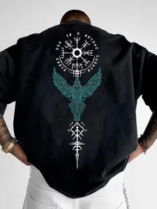 Unisex Pure Cotton Vintage Oversized Crew Neck T-Shirt, Nordic Viking Compass Vegvisir & Tribal Raven Rune Graphic Printed On Back, Casual Streetwear Short Sleeve Top for Men Women