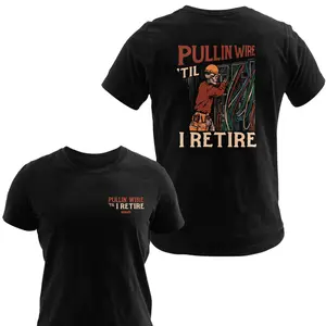 Pullin' Wire 'Til I Retire Graphic T-Shirt, Vintage Electrician Work Tee, Soft Cotton Blend Shirt, Construction Apparel for Men, Ideal Gift for Electricians and Skilled Trades