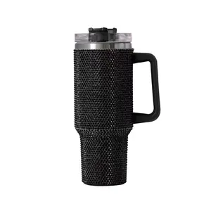40 oz Black Bling Rhinestone Stainless Steel Sippy Tumbler Glitter Vacuum Insulated Water Bottle with Straw & Lid &Handle,Sparkle Car Cup Holder,Keeps Cold 12 Hours Drinks,Coffee