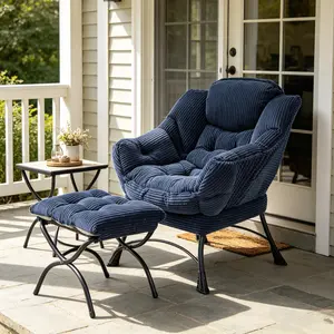 Patio Lazy Chair with Ottoman, Indoor/Outdoor Corduroy Accent Chair with Footrest, Weather-Resistant Comfortable Lounge Chair, Foldable Ottoman, Ergonomic Armchair for Balconies, Porches, Backyards, Gardens, Living Rooms, and Bedrooms