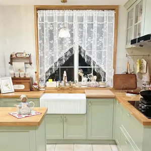 1PC Luxury White Floral Sheer Arched Valance with Tassels for Doorway Cabinet Decor Rod Pocket Top Light-filtering Embroidery Privacy Tulle Valance for Living Room Bedroom