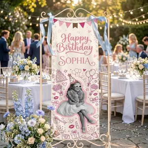Custom Photo Ribbon Tapestry: Birthday Party Welcome Banner Pink Illustration Doodle Art