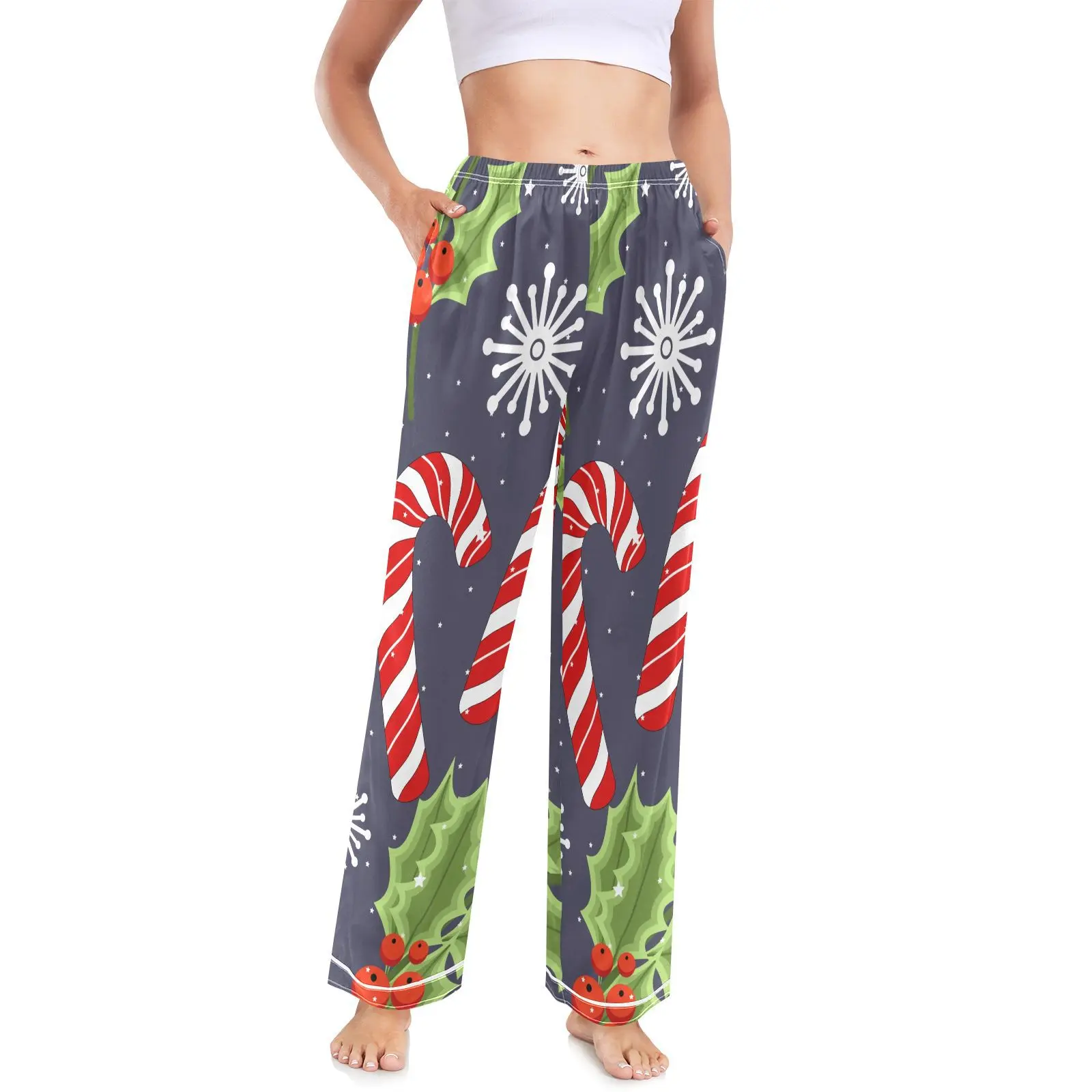 Made by FEIFEIYU Christmas Candy Cane Red Berries Women's Pajama Trousers without Pockets