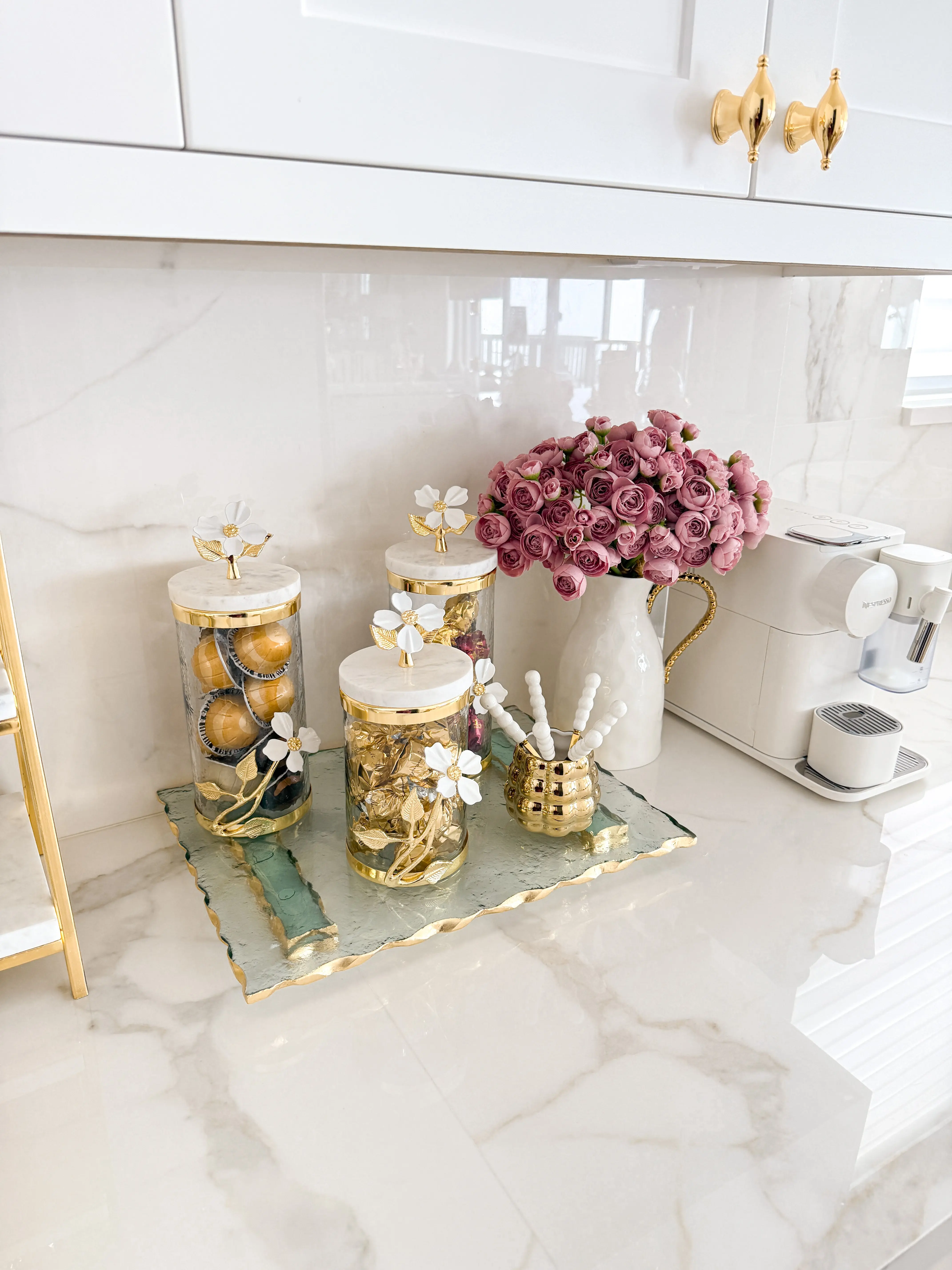 Gold Edge Glass Footed Serving Tray