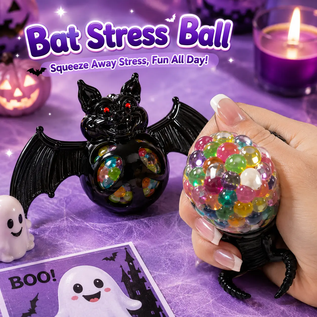 Unisex Bat Stress Ball, Colorful Bead-Filled Soft Stretchy Bats-Themed Halloween Sensory Item, Stress Relief for Ages 12+ Teens & Adults, Halloween Party Favor Gift