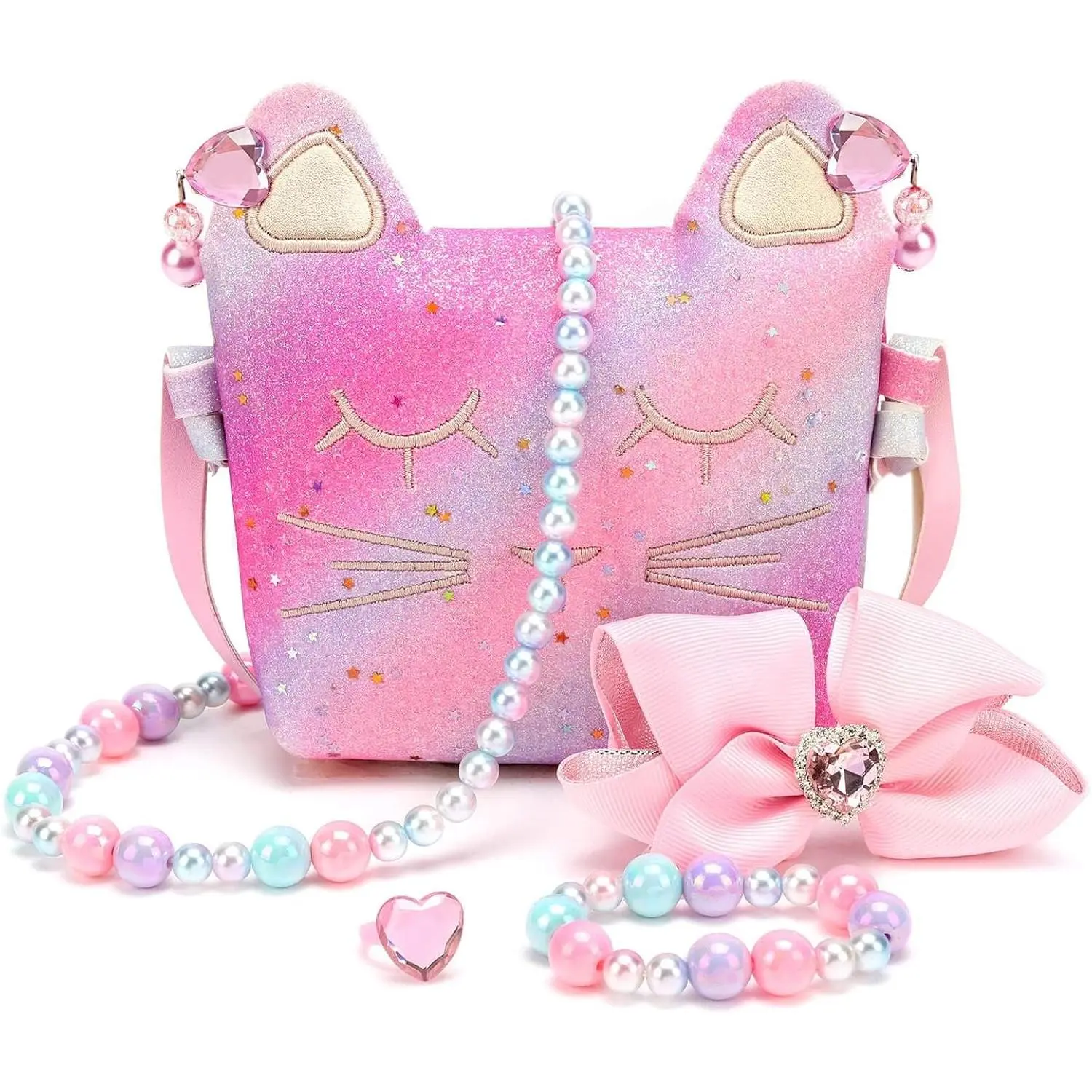 Kids' Synthetic Tie Dye Rainbow Glitter Crossbody Purse SQ-CPB007 - 4.3inX1.5inX3.9in, Adjustable Strap, Built-In Organizer, 1 Bow-Knot Hair Clip, Heart Accent, Dustproof, Jewelry Pretend Play, Damp Wipe Only, Dress-Up/Birthday Gifts, Purses Crossbody Bag