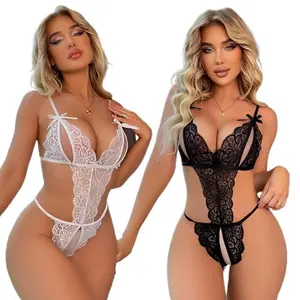 Women's Floral Lace Cutout Bodysuit Lingerie - See Through Bow Detail Teddy Lingerie