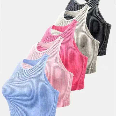 Women's Seamless Ribbed Sports Crop Top, Slim Fit U Neck Backless Racerback Yoga Tank, Casual Spring & Fall Workout Wear, Gym Top