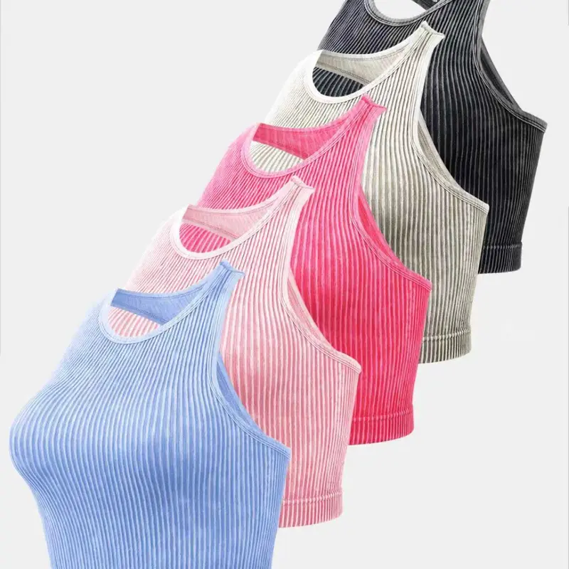 Women's Seamless Ribbed Sports Crop Top, Slim Fit U Neck Backless Racerback Yoga Tank, Casual Spring & Fall Workout Wear, Gym Top