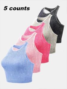 Women's Seamless Ribbed Sports Crop Top, Slim Fit U Neck Backless Racerback Yoga Tank, Casual Spring & Fall Workout Wear, Gym Top