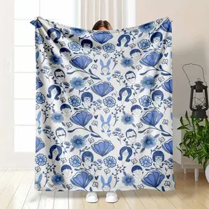 Cute Bob's Burgers Blanket Blue Floral Toile Print Soft Flannel Fleece Throw Belcher Family Aesthetic Pattern Gift For TV Show Fan