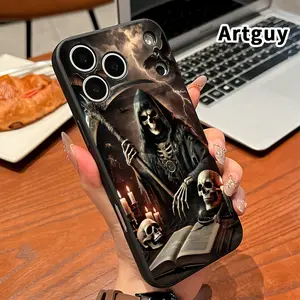 Grim Reaper Pattern Straight Edge Phone Case for iPhone 17 16 15 14 Pro Max 13 12 11 Air XR XS Plus Shockproof Non Slip Military-Grade Protection Silicone Cover