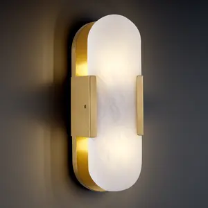 13.8 in Brass Alabaster Wall Sconces, Natural Marble Wall Sconces Set of Two Indoor Alabaster Sconces for Living Room Modern Alabaster Sconces Wall Lighting for Dining Room Stairs Bedroom