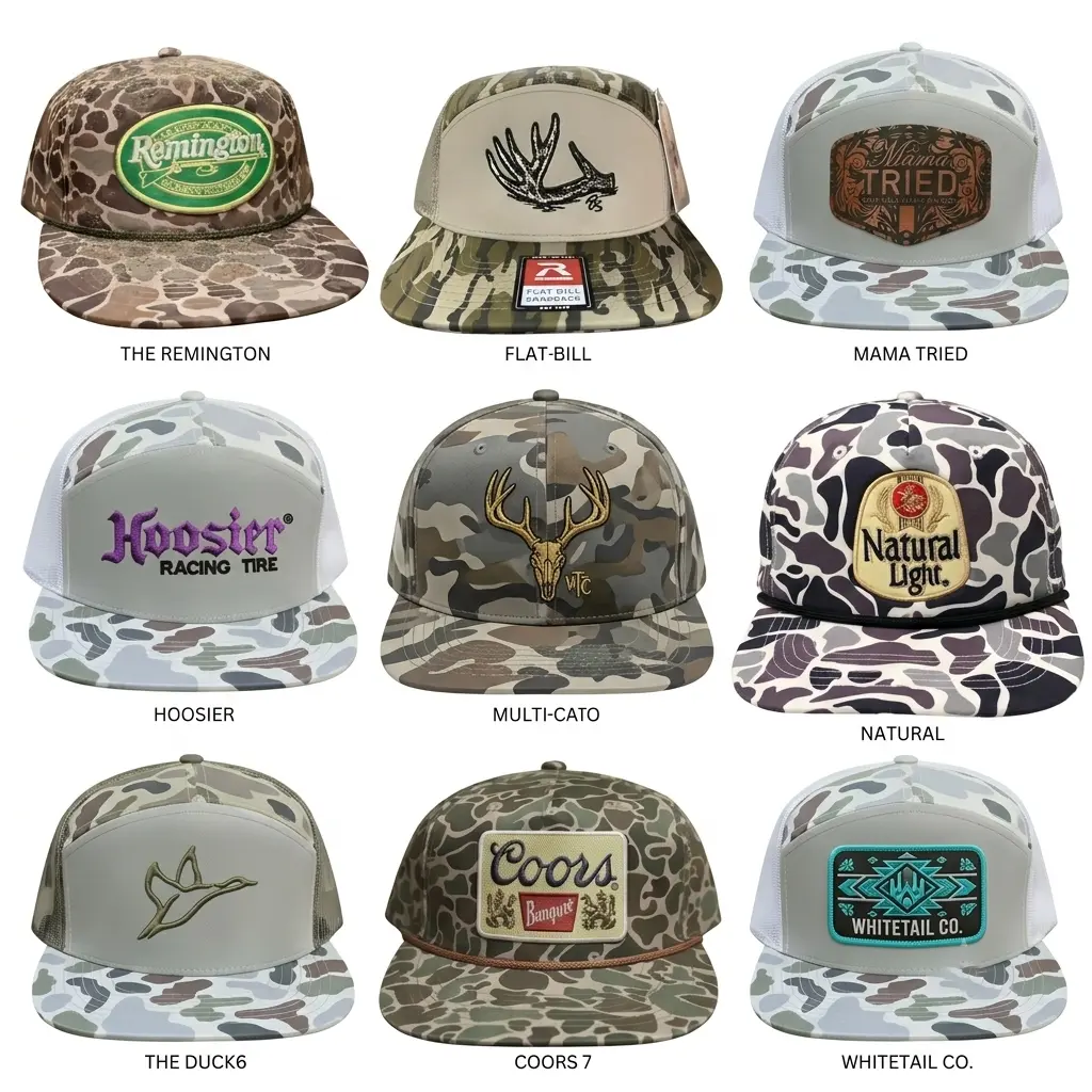 Full Collection Camo Trucker Hats | Limited Edition Mesh Snapback Caps | Hunting, Fishing, Duck Camo, Deer Antler, Beer Patch, Racing & Outdoor Lifestyle Hats | Premium USA Country Trucker Hat Series