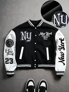Men's College Style Baseball Jacket Letter Print Long Sleeve Pilot Coat Casual Fitted Campus Baseball Jacket for Fall & Winter