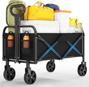 Camping Wagon Cart, 600d Oxford PVC-Coated Fabric, Steel Square-Tube Frame, 5-Inch PVC Wheels, Unfolded 73x46.5x89.5 Cm, Folds to 65x49.5x14 Cm, Lightweight 4.6Kg, Outdoor, Beach，Collapsible ﻿