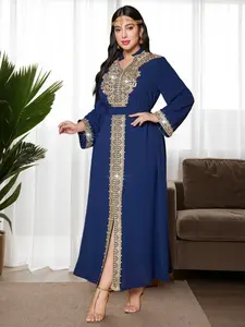 Arabian Dubai Embroidered Dress with Rhinestones, Muslim Party Evening Gown, Long Robe for Eid Al-Adha, Elegant Arabic Fashion, Modest Style Dress