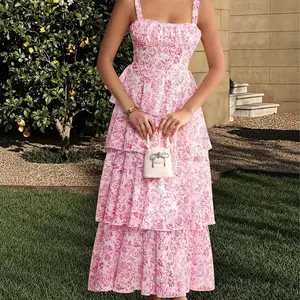 Women’s Pink Elegant Printed Layered Chiffon Maxi Dress, Princess Style Formal Event Ball Birthday Dress, Spring/Summer Women’s Sizes S–XL GARMENTARY