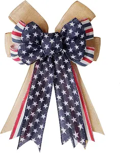 Large Red Blue Stars Bow Burlap Bow Patriotic Wreath Bow Pary Tree Topper for Memorial Day 4th of July Independence Day Indoor Outdoor Decorations 16.5
