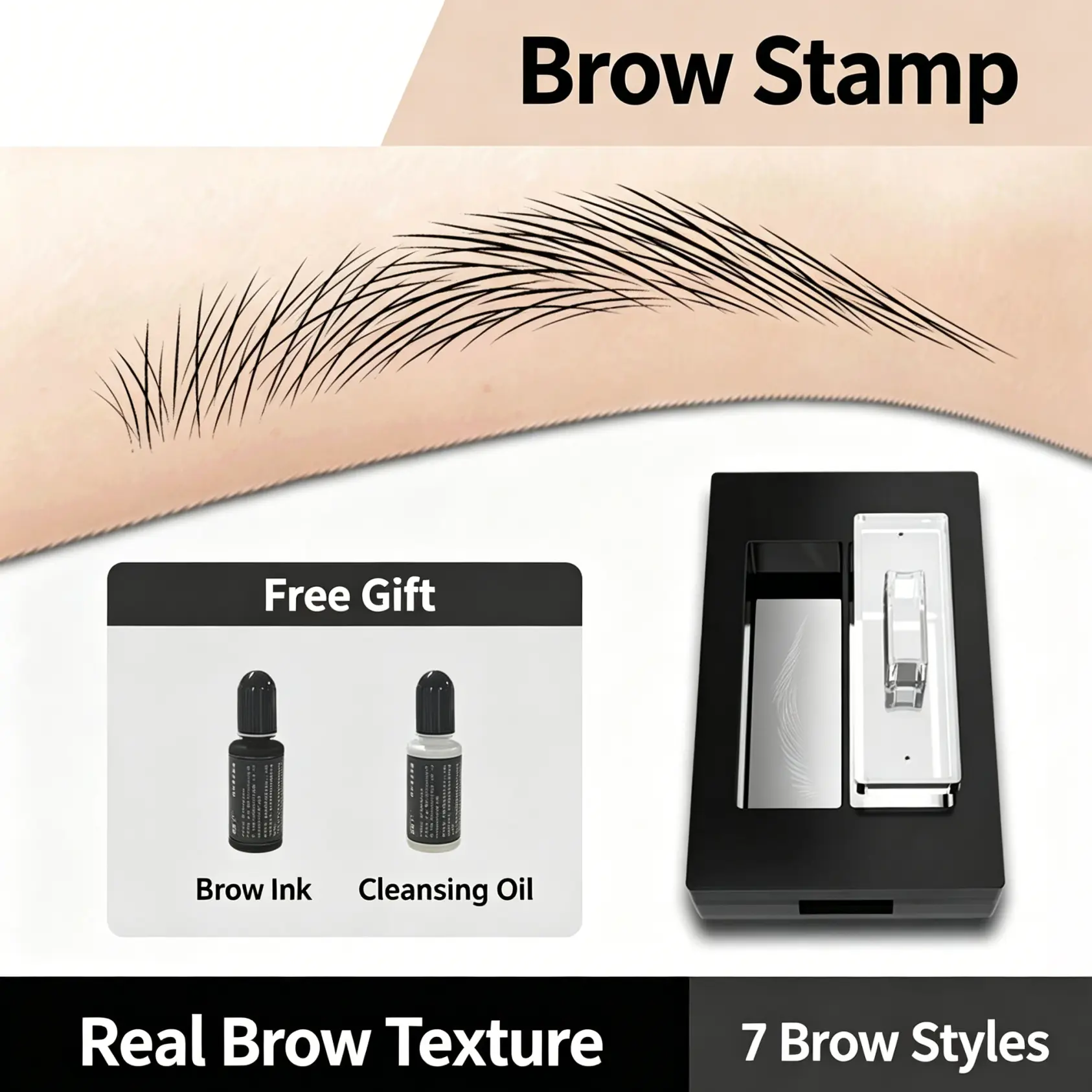 7 Styles Hair Stroke Eyebrow Stamp, Reusable Real Brow Texture Eyebrow Makeup Template, Free Bonus Brow Ink & Cleansing Oil