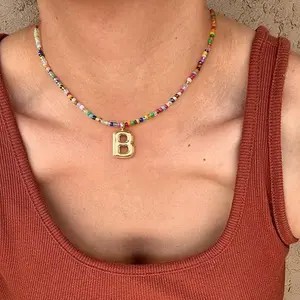 VRIUA Colorful Initial Necklace for Women Bubble Letter Necklace Dainty Cute Beach Boho Necklace Trendy Jewelry Choker Necklace for Valentine's Day Gift